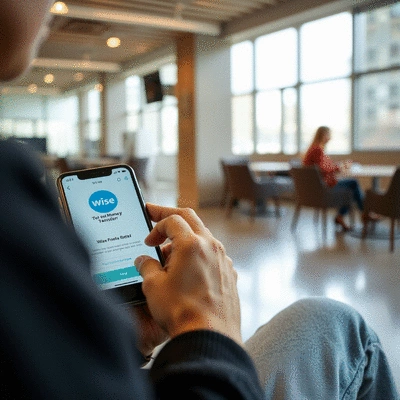 Person using Wise app on smartphone for money transfer