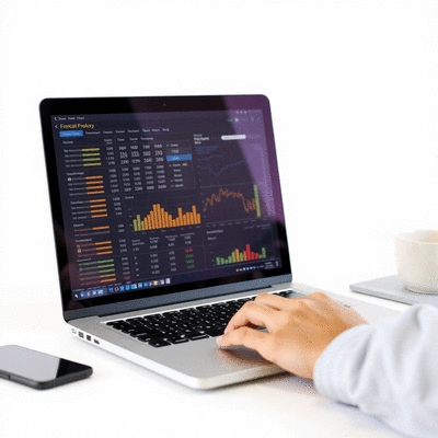 User navigating financial technology on a laptop