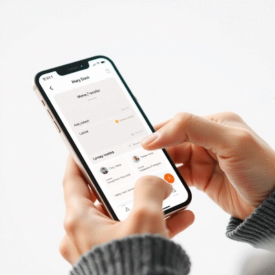 User interacting with international money transfer app on a smartphone