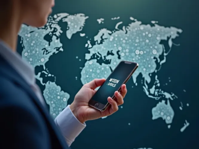 Person using Wise Transfers app on mobile with world map in background